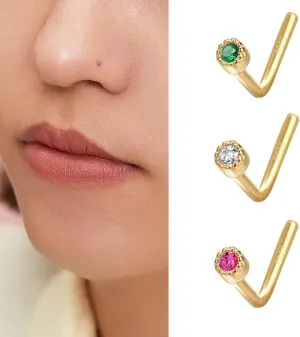 1 Piece 925 Sterling Silver L Shaped Nose Rings for Women Cute Dainty Cubic Zirconia Small 14K Gold Plated Nose Stud Hypoallergenic Nose Piercings Body Jewelry Birthday Mothers Day Gift