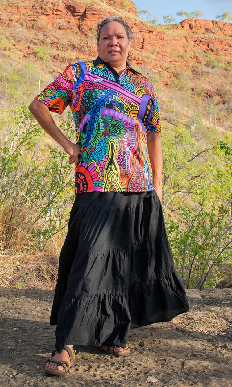 Aboriginal Art Ladies Fitted Polo Woka Land-Ground