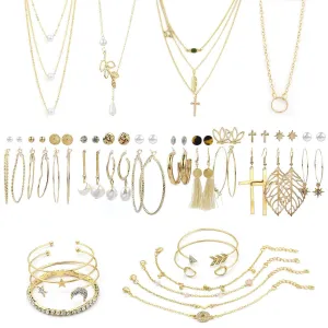 AROIC 38 PCS Gold Jewelry Set with 4 PCS Necklace,10 PCS Bracelet,24 PCS Layered Ball Dangle Hoop Stud Earrings for Women Girls Jewelry Fashion and Valentine Birthday Party Gift color-10