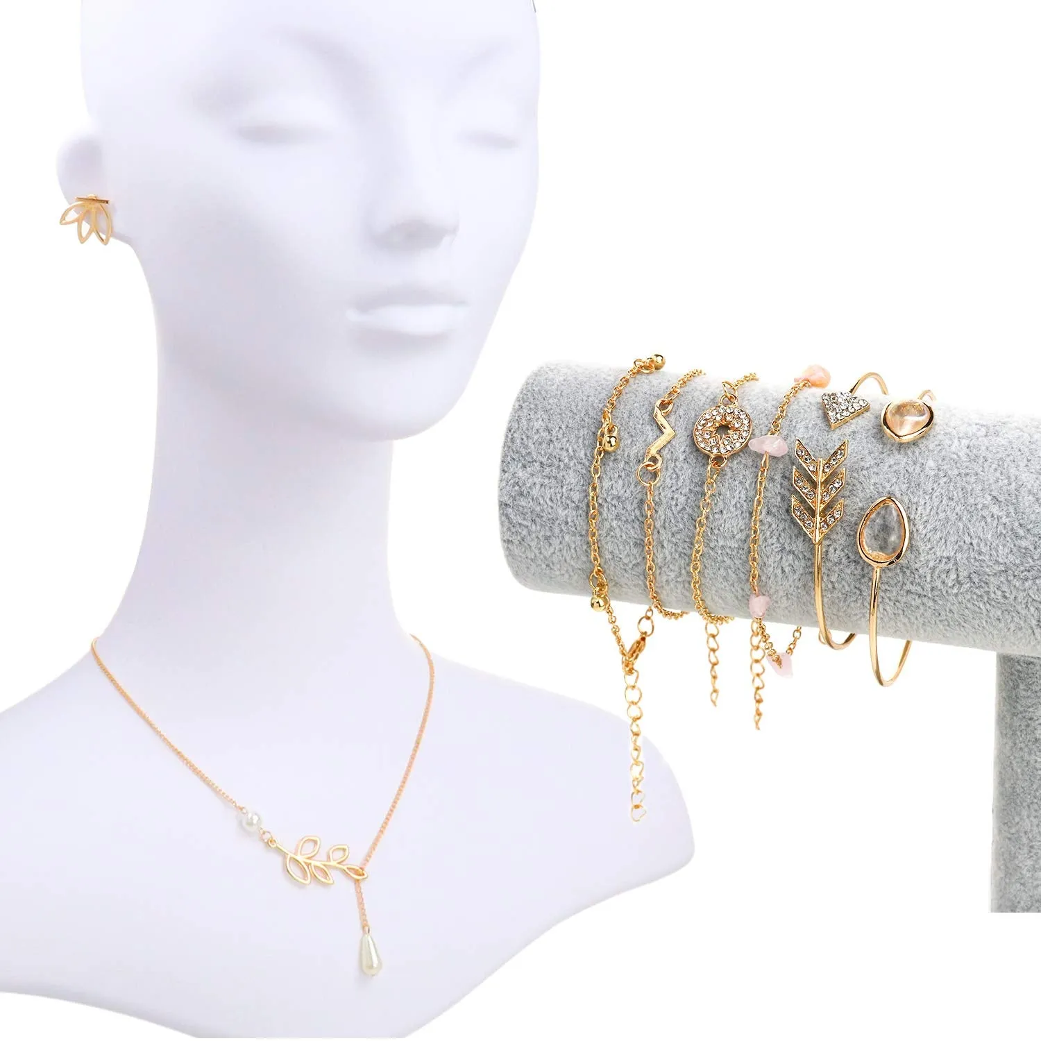 AROIC 38 PCS Gold Jewelry Set with 4 PCS Necklace,10 PCS Bracelet,24 PCS Layered Ball Dangle Hoop Stud Earrings for Women Girls Jewelry Fashion and Valentine Birthday Party Gift color-10