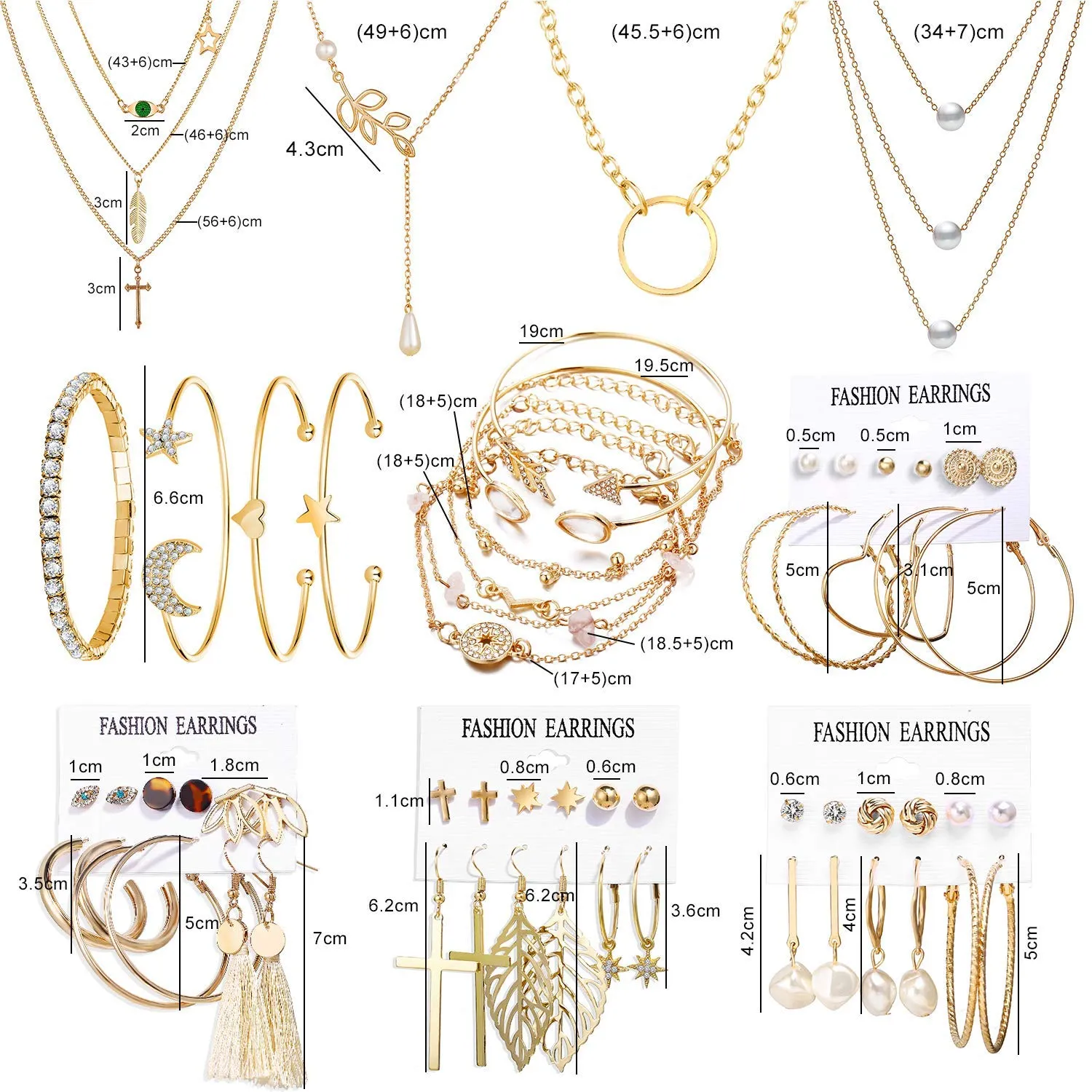 AROIC 38 PCS Gold Jewelry Set with 4 PCS Necklace,10 PCS Bracelet,24 PCS Layered Ball Dangle Hoop Stud Earrings for Women Girls Jewelry Fashion and Valentine Birthday Party Gift color-10