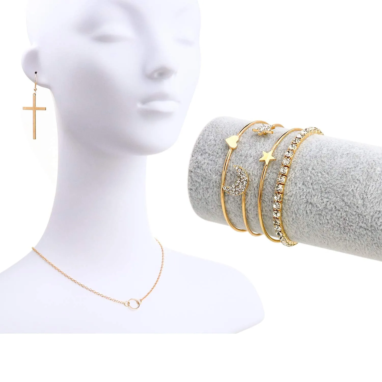 AROIC 38 PCS Gold Jewelry Set with 4 PCS Necklace,10 PCS Bracelet,24 PCS Layered Ball Dangle Hoop Stud Earrings for Women Girls Jewelry Fashion and Valentine Birthday Party Gift color-10
