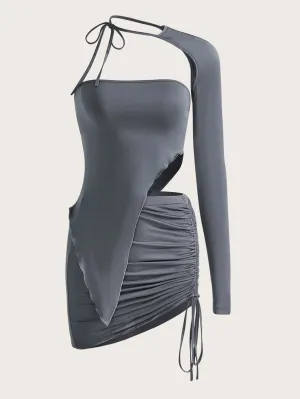 Asymmetrical Neck Asymmetrical Hem Top & Drawstring Bodycon Skirt