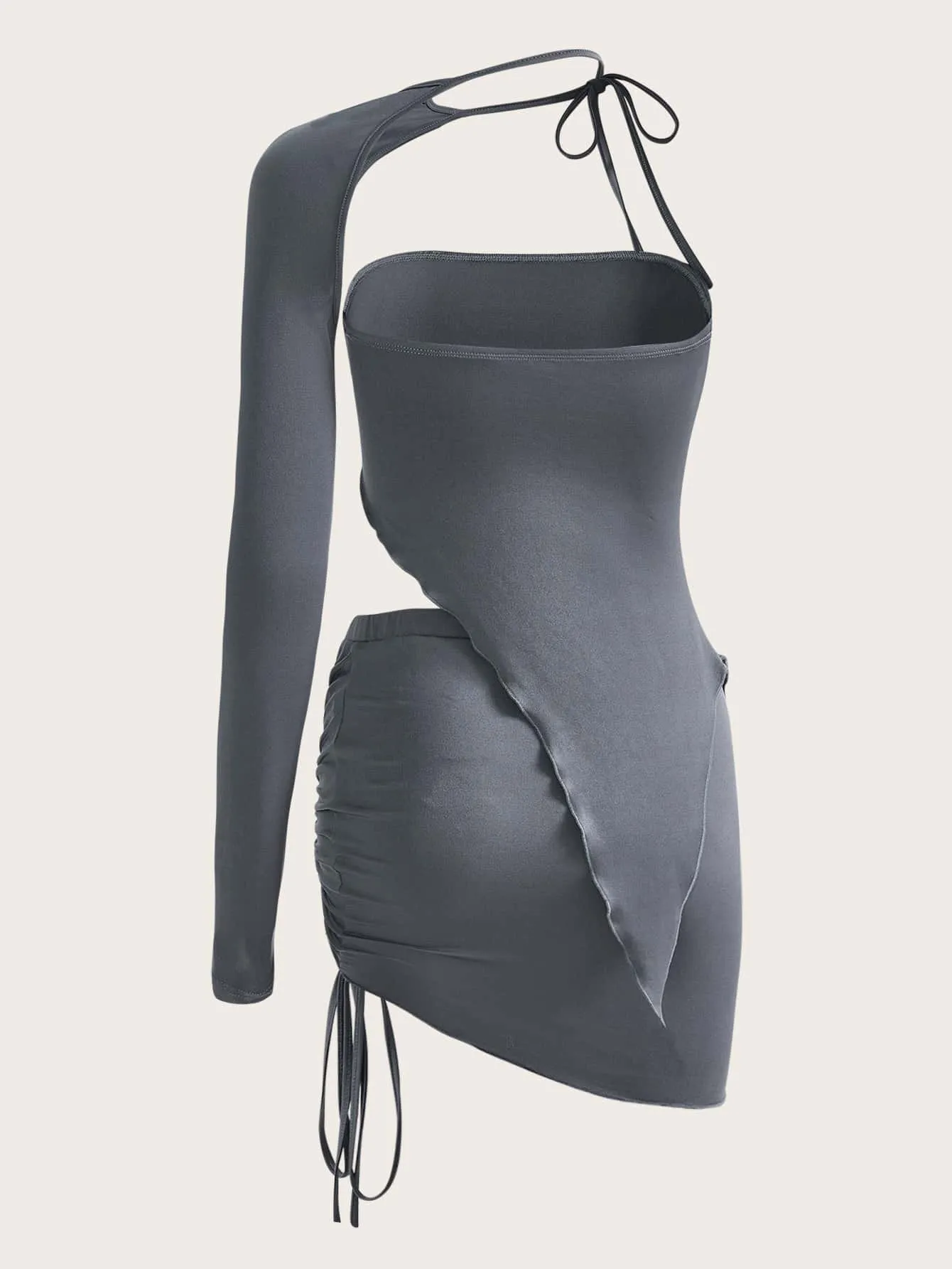 Asymmetrical Neck Asymmetrical Hem Top & Drawstring Bodycon Skirt