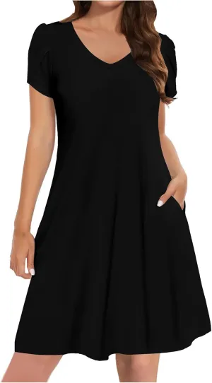 Beach Dresses for Women 2025 Vacation Casual Short Sleeve Dresses Solid Color Loose Crew Neck Sundress with Pocket