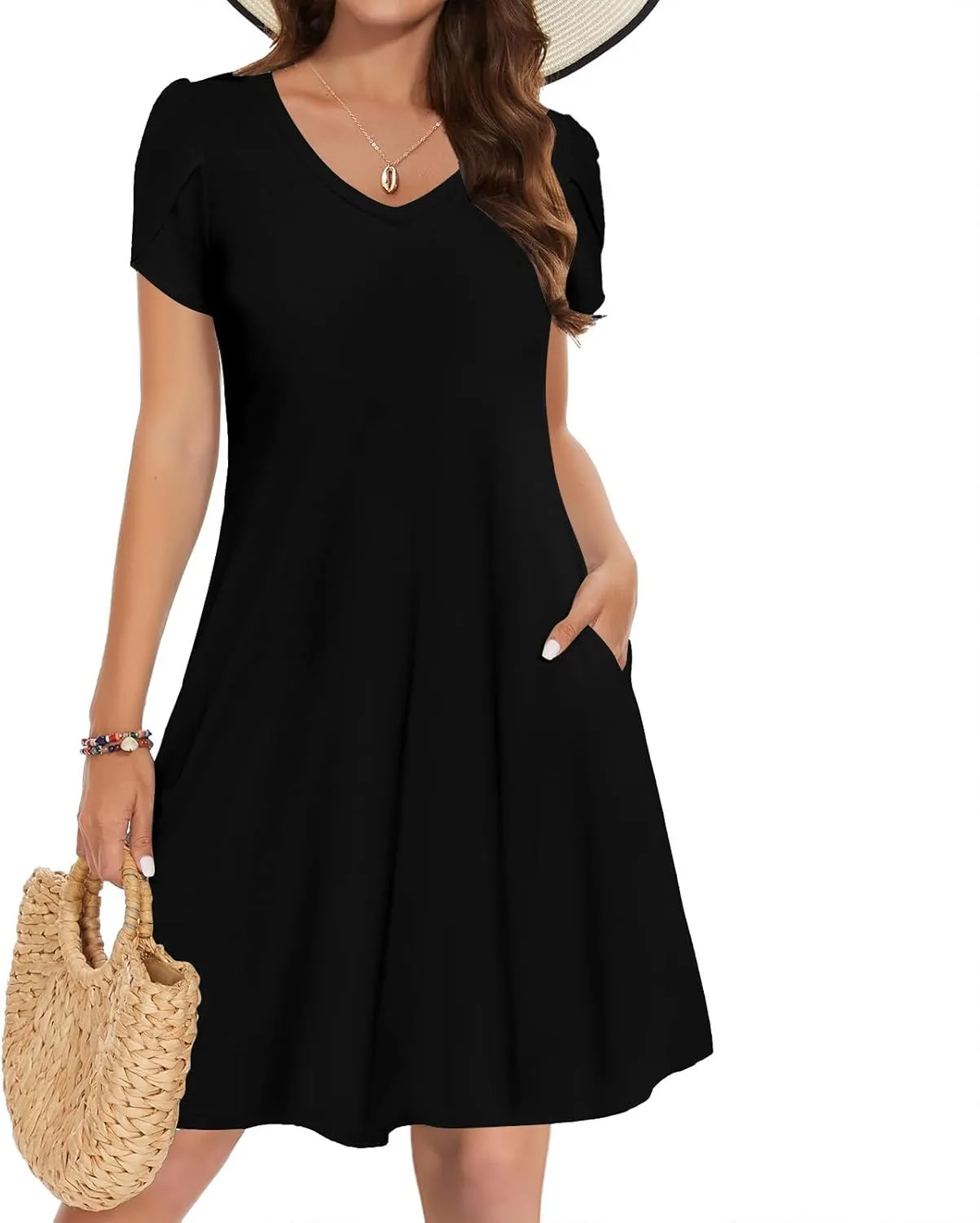 Beach Dresses for Women 2025 Vacation Casual Short Sleeve Dresses Solid Color Loose Crew Neck Sundress with Pocket