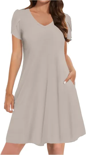 Beach Dresses for Women 2025 Vacation Casual Short Sleeve Dresses Solid Color Loose Crew Neck Sundress with Pocket