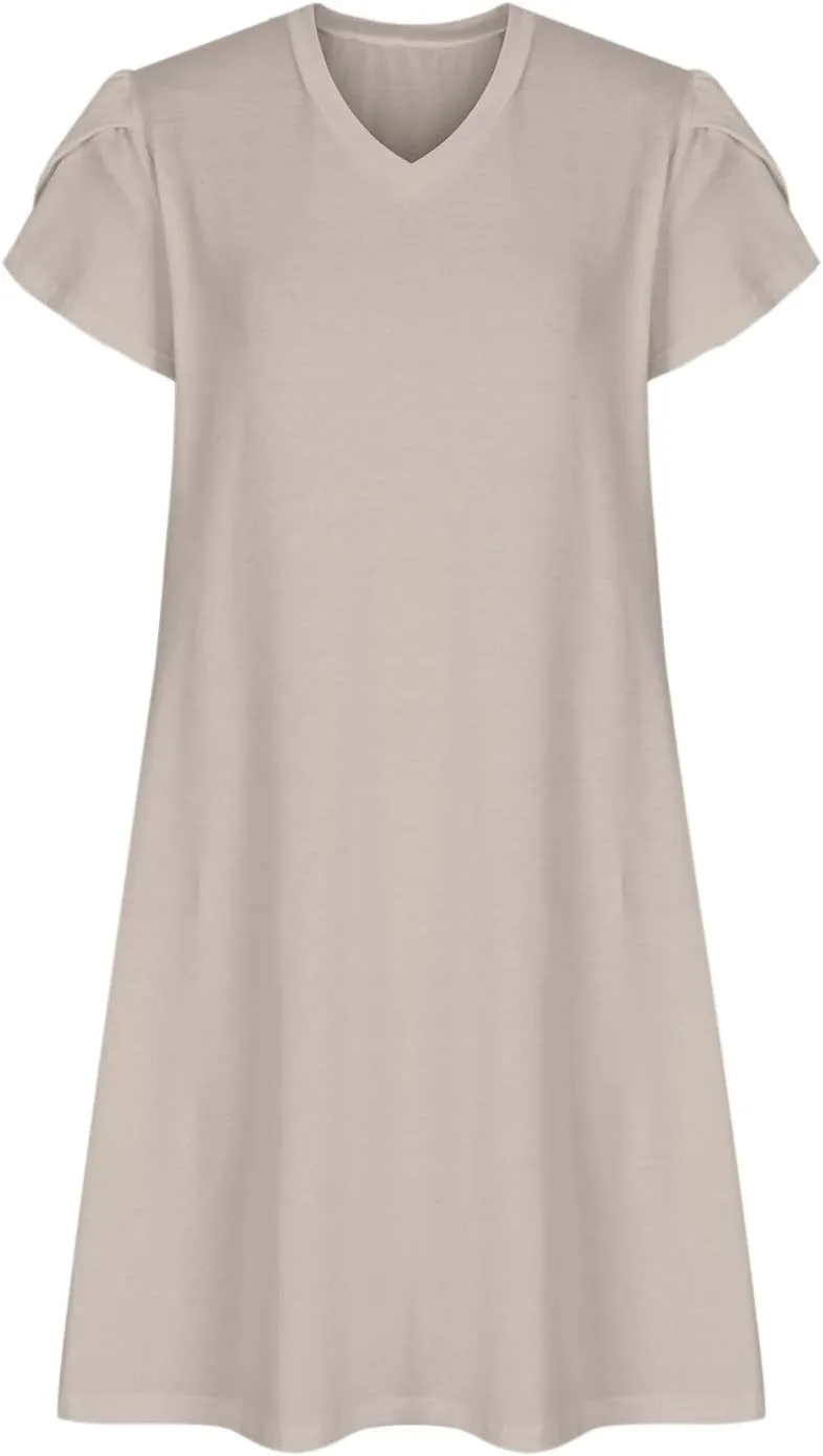 Beach Dresses for Women 2025 Vacation Casual Short Sleeve Dresses Solid Color Loose Crew Neck Sundress with Pocket