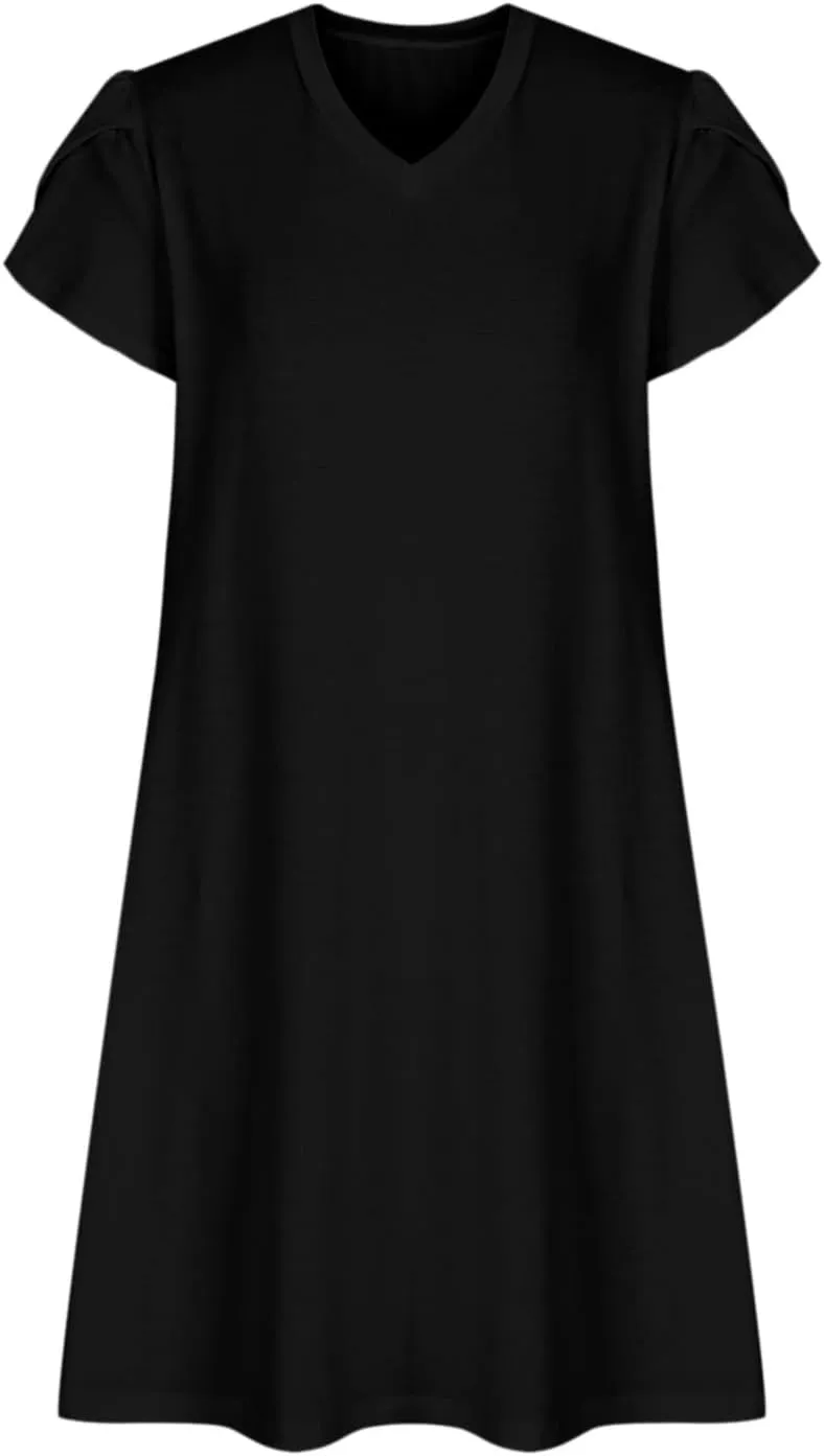 Beach Dresses for Women 2025 Vacation Casual Short Sleeve Dresses Solid Color Loose Crew Neck Sundress with Pocket