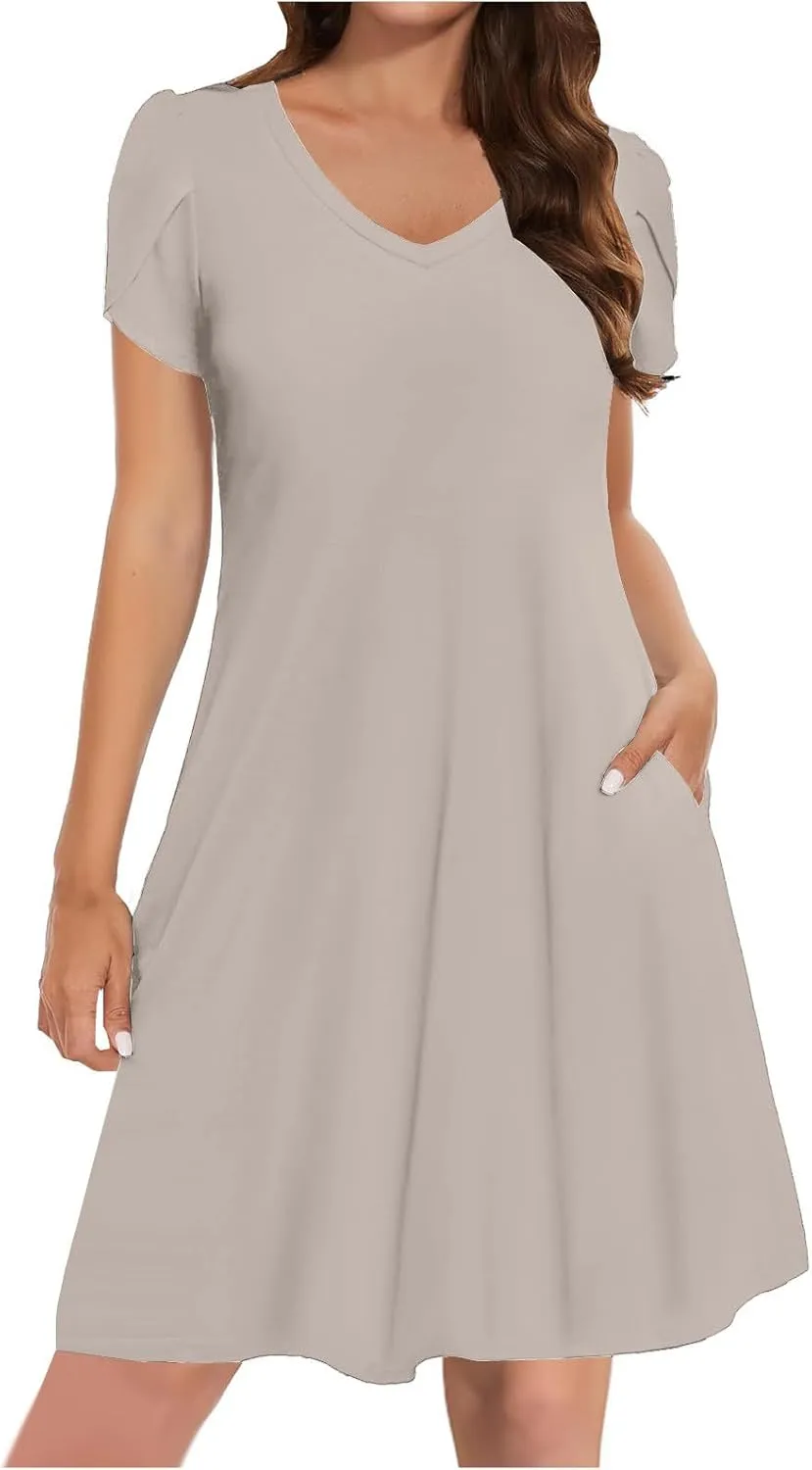 Beach Dresses for Women 2025 Vacation Casual Short Sleeve Dresses Solid Color Loose Crew Neck Sundress with Pocket