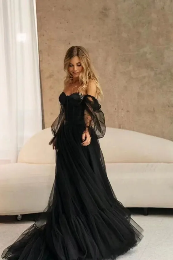 Black Flowy Tulle A Line Sweetheart Long Sleeves Wedding Dresses, MW1121