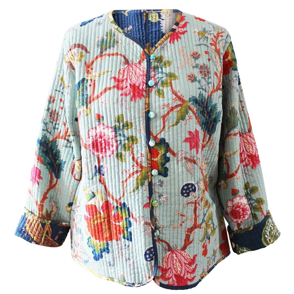 Blue Carnation/Blue Exotic Flower Quilted Reversible Jacket