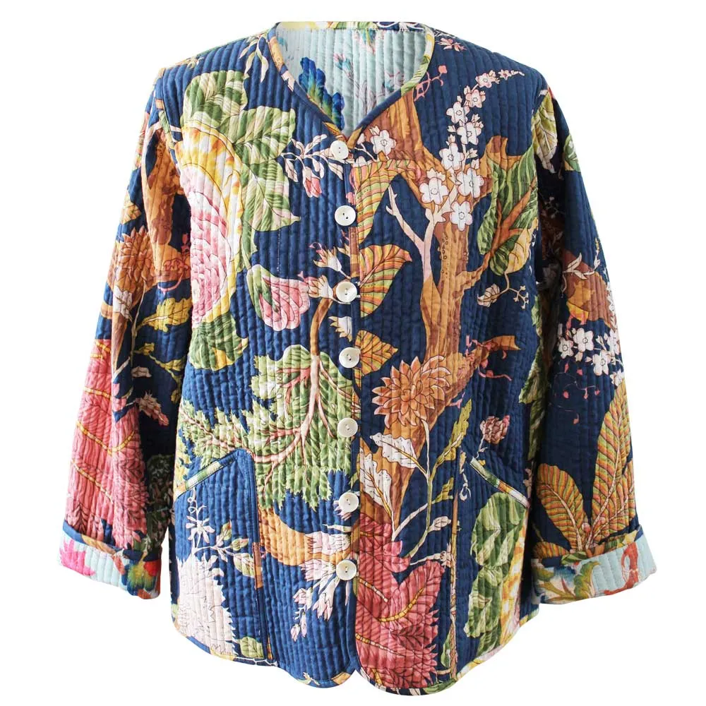 Blue Carnation/Blue Exotic Flower Quilted Reversible Jacket