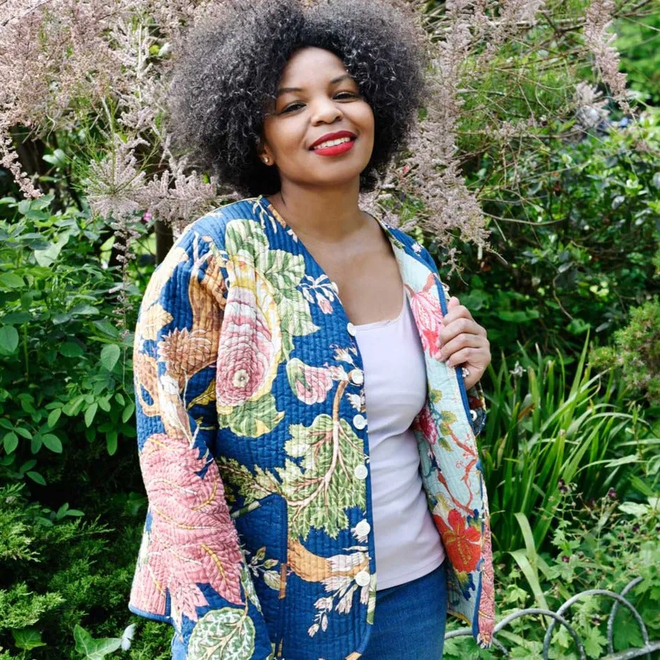 Blue Carnation/Blue Exotic Flower Quilted Reversible Jacket