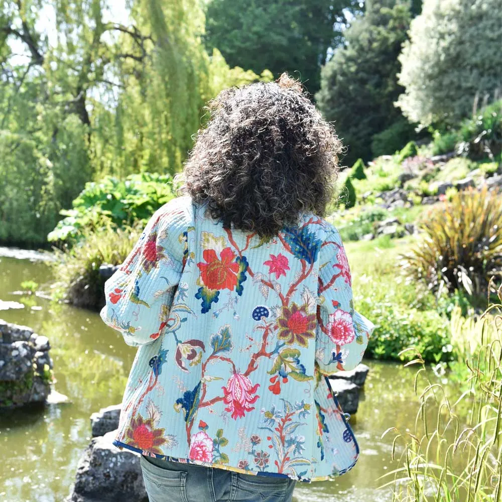 Blue Carnation/Blue Exotic Flower Quilted Reversible Jacket