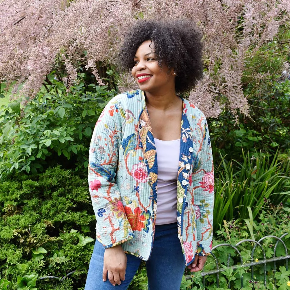Blue Carnation/Blue Exotic Flower Quilted Reversible Jacket