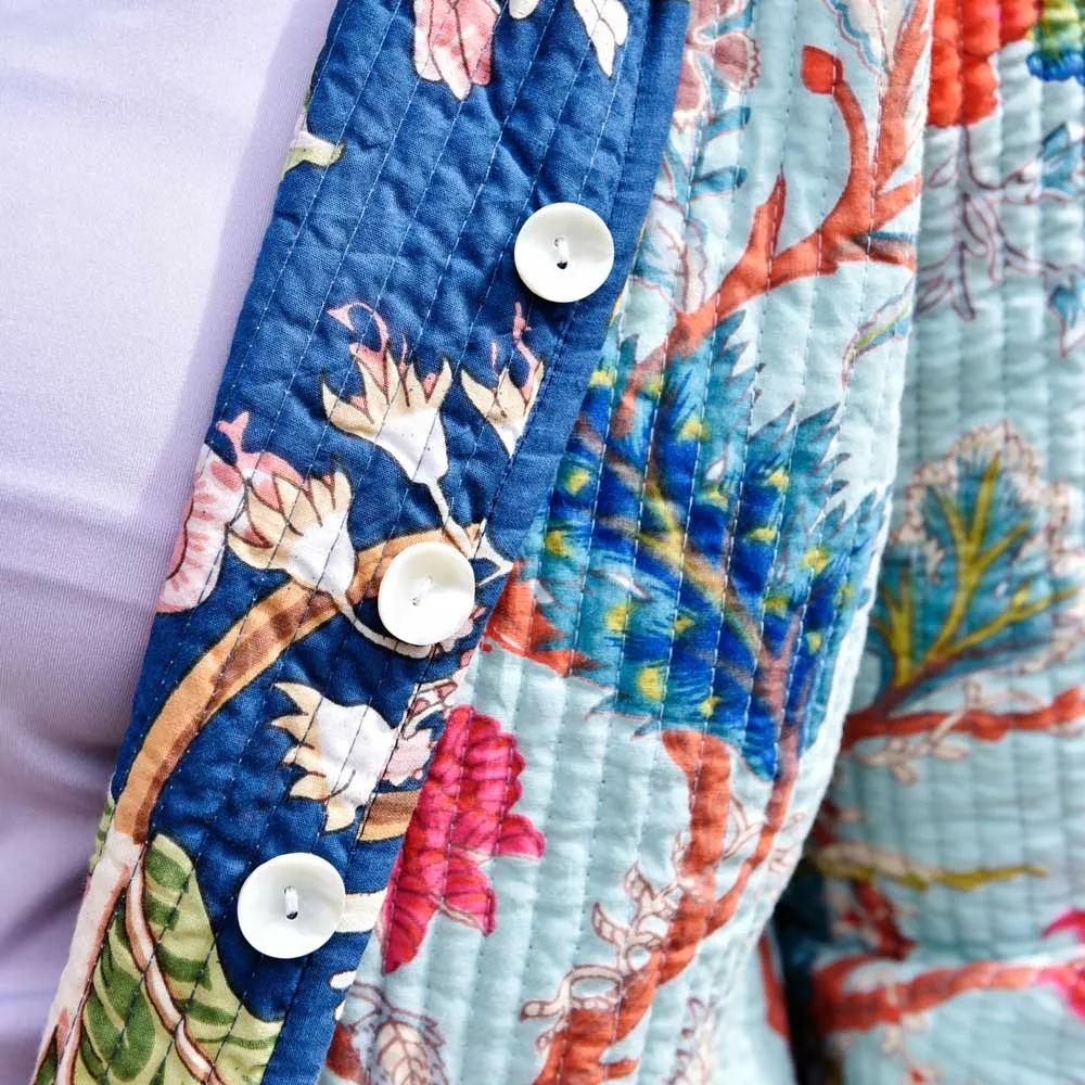 Blue Carnation/Blue Exotic Flower Quilted Reversible Jacket