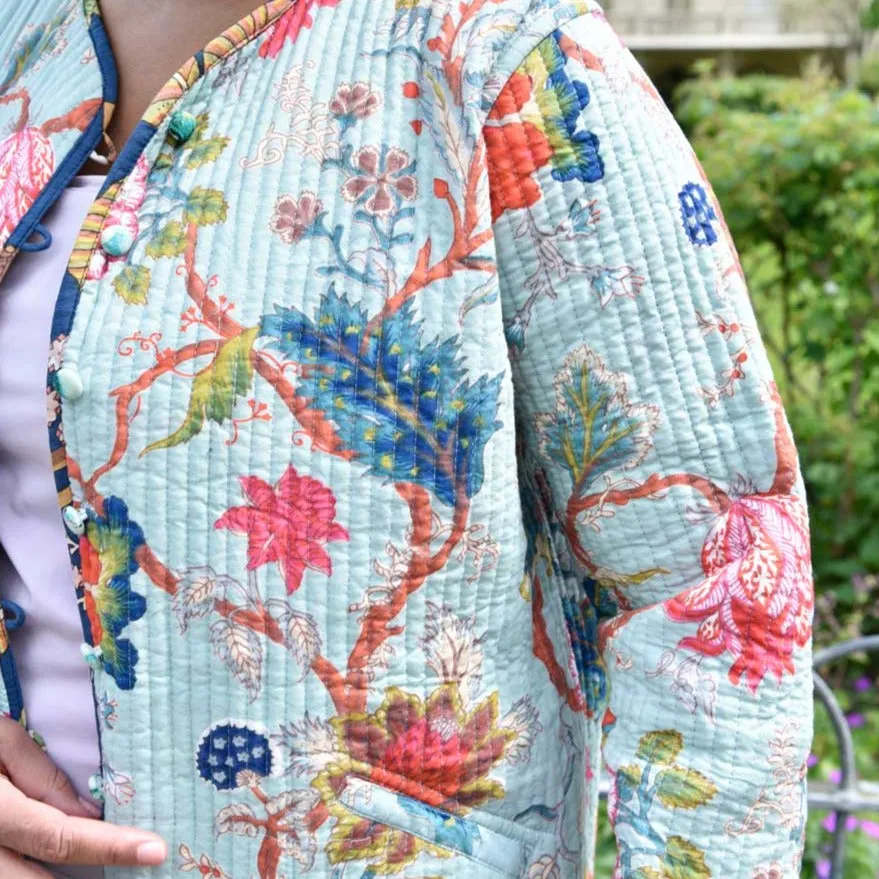 Blue Carnation/Blue Exotic Flower Quilted Reversible Jacket