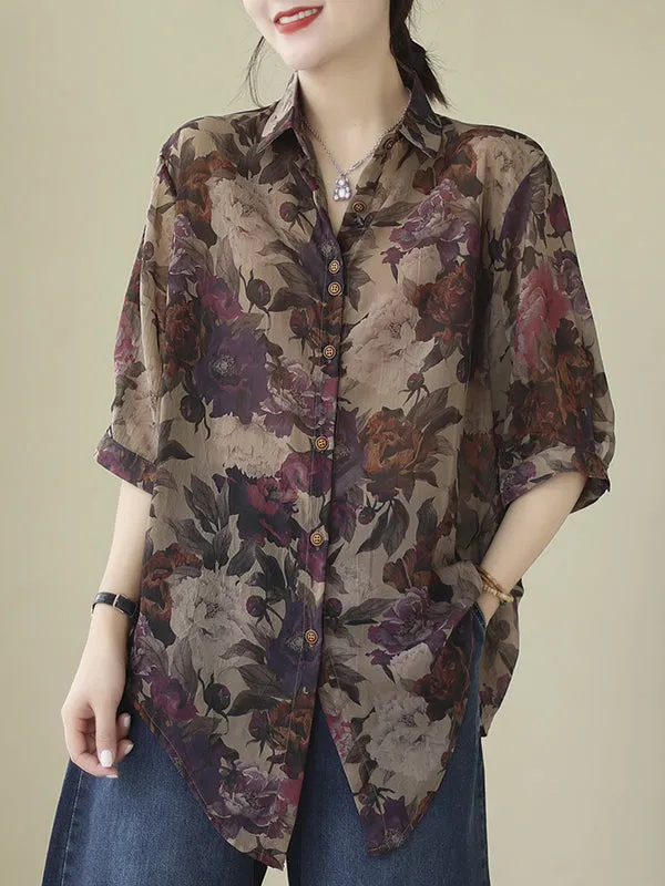 Buttoned Flower Print Tied Long Sleeves Loose Lapel Blouses&Shirts Tops