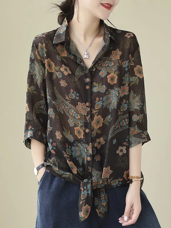 Buttoned Flower Print Tied Long Sleeves Loose Lapel Blouses&Shirts Tops