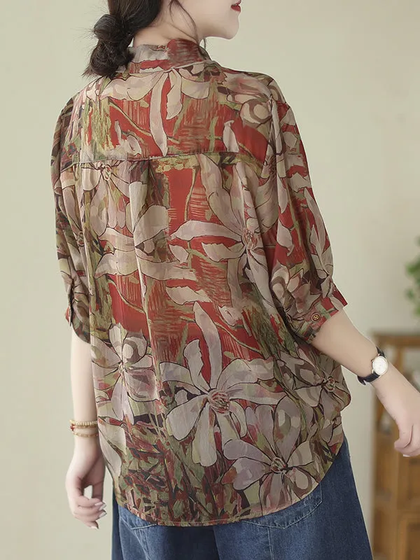 Buttoned Flower Print Tied Long Sleeves Loose Lapel Blouses&Shirts Tops