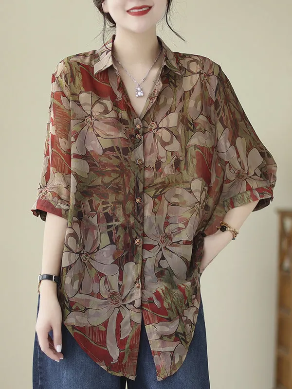 Buttoned Flower Print Tied Long Sleeves Loose Lapel Blouses&Shirts Tops