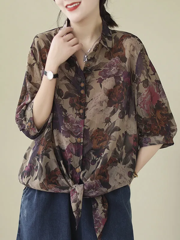Buttoned Flower Print Tied Long Sleeves Loose Lapel Blouses&Shirts Tops