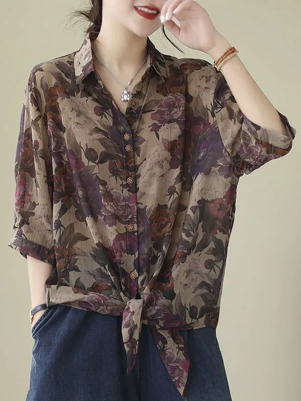 Buttoned Flower Print Tied Long Sleeves Loose Lapel Blouses&Shirts Tops