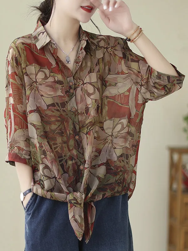Buttoned Flower Print Tied Long Sleeves Loose Lapel Blouses&Shirts Tops