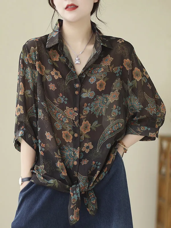 Buttoned Flower Print Tied Long Sleeves Loose Lapel Blouses&Shirts Tops