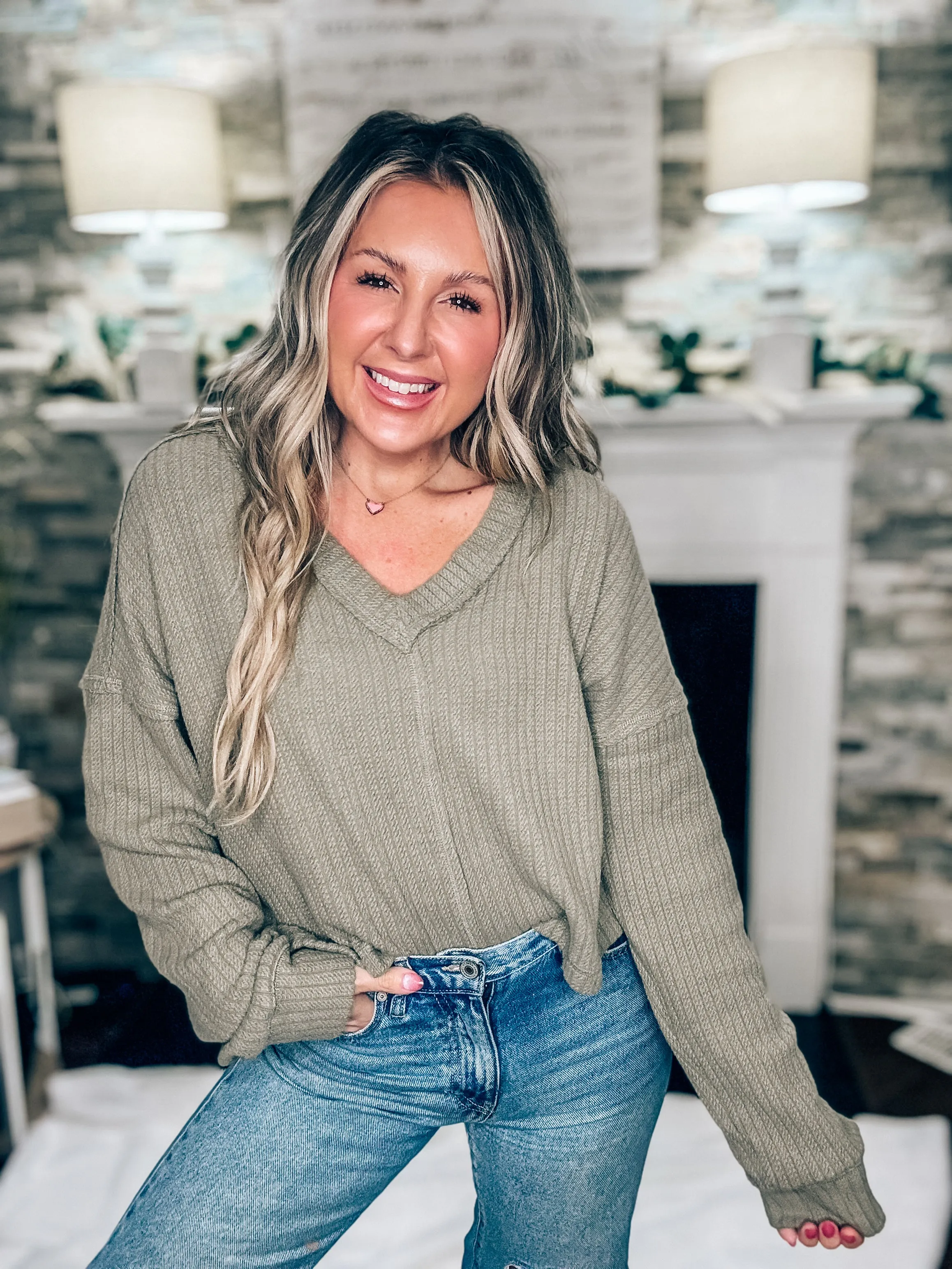 Casual Comfy Olive Soft V-Neck Knit Top