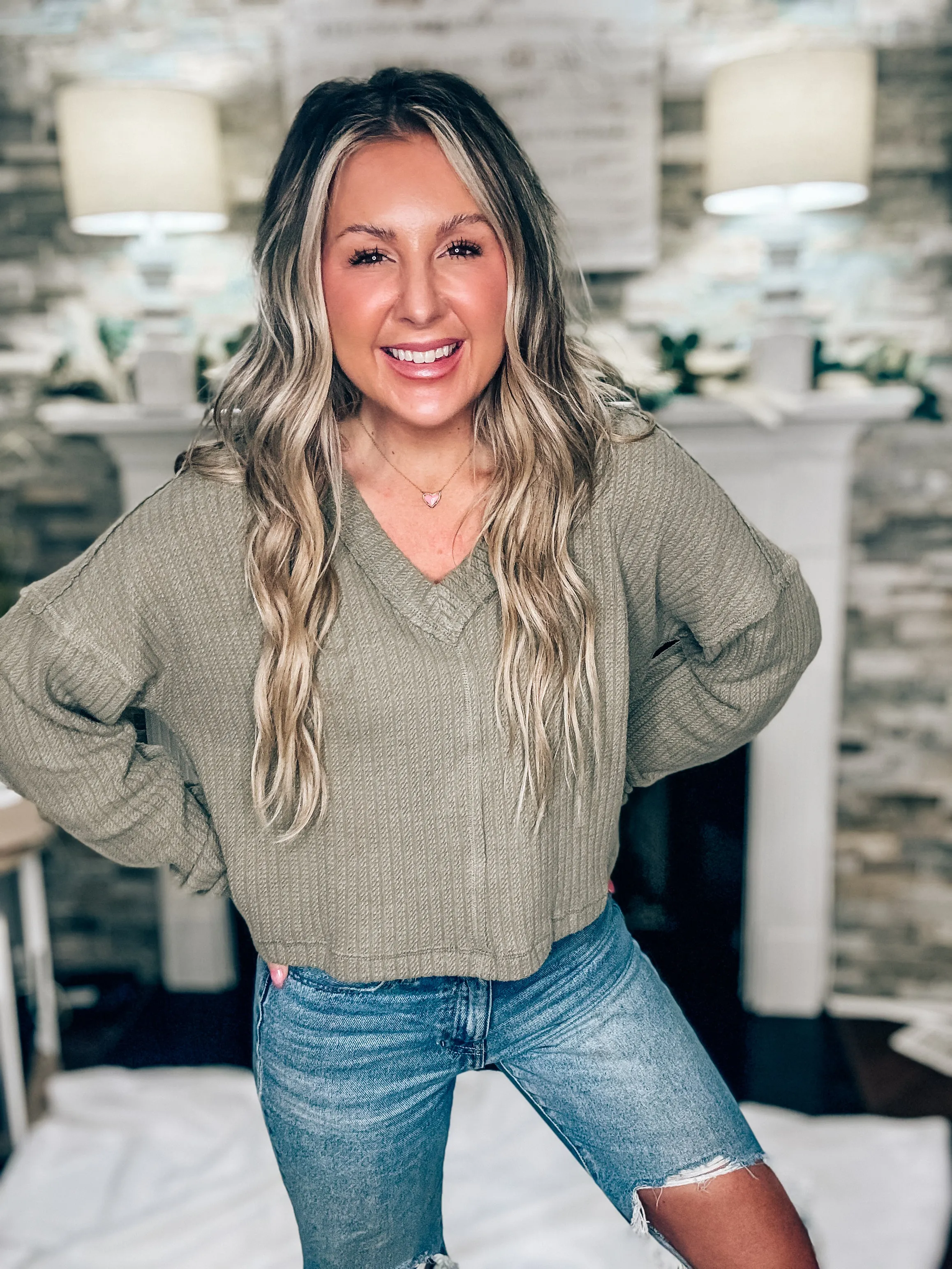 Casual Comfy Olive Soft V-Neck Knit Top