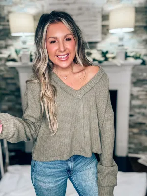 Casual Comfy Olive Soft V-Neck Knit Top
