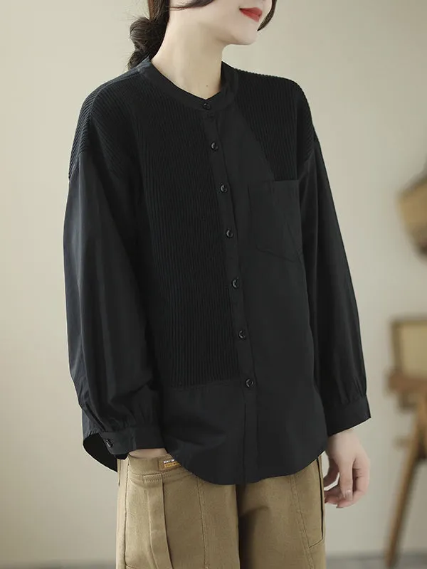 Chicmy-Asymmetric Buttoned Pockets Split-Joint Long Sleeves Loose Round-Neck Blouses&Shirts Tops