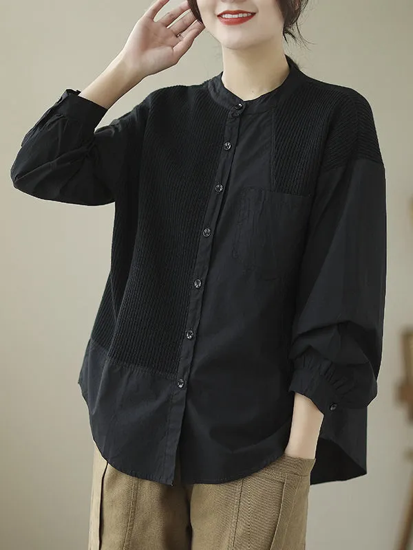 Chicmy-Asymmetric Buttoned Pockets Split-Joint Long Sleeves Loose Round-Neck Blouses&Shirts Tops