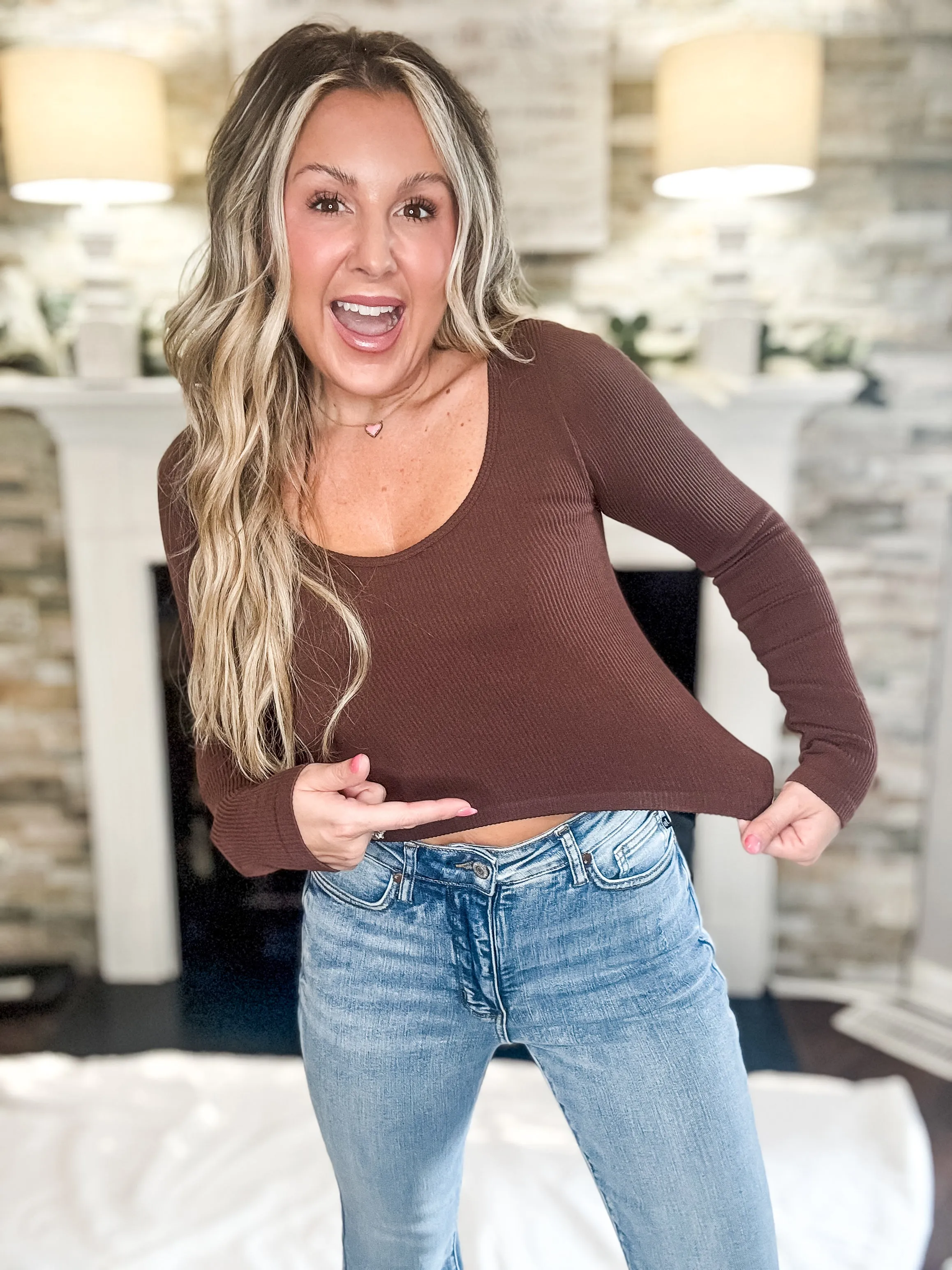 Comfy Casual Chocolate Crop Ribbed Knit Top