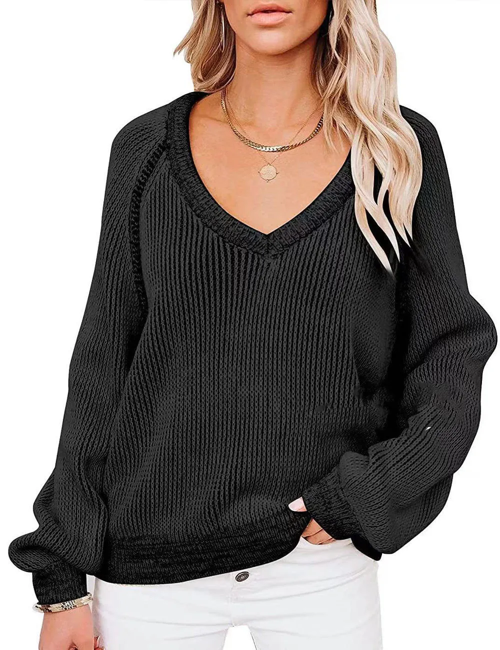 Cozy Horizon - Knitted V-Neck Women Pullover by The Nevermore