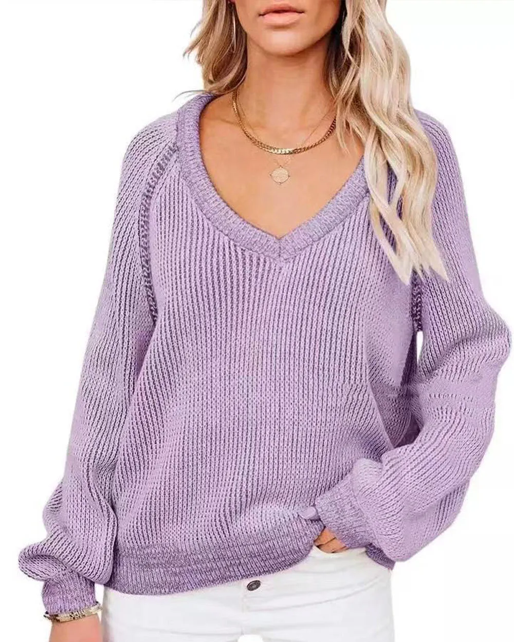 Cozy Horizon - Knitted V-Neck Women Pullover by The Nevermore