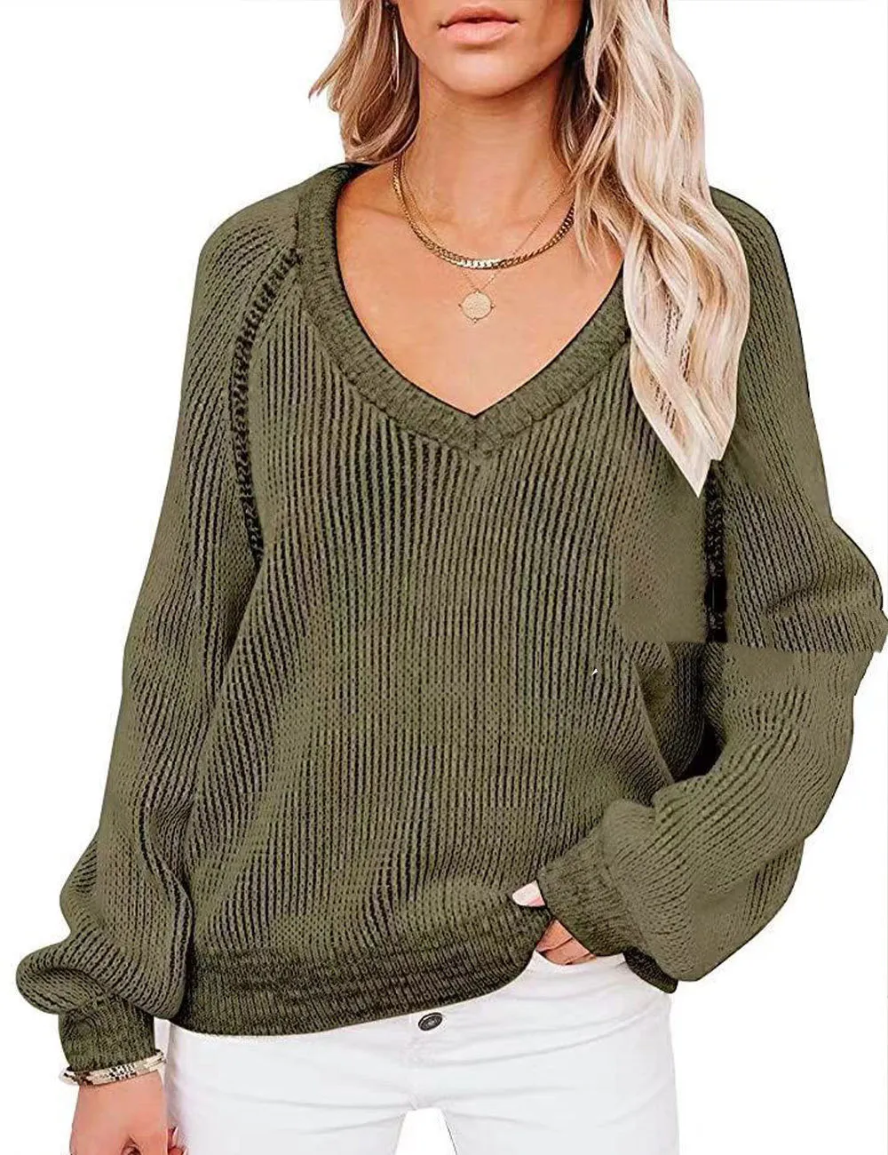 Cozy Horizon - Knitted V-Neck Women Pullover by The Nevermore