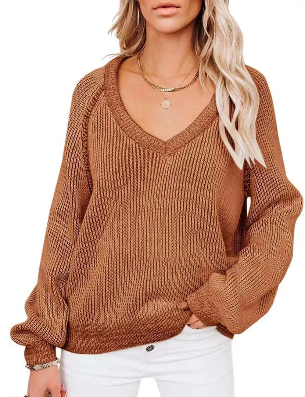 Cozy Horizon - Knitted V-Neck Women Pullover by The Nevermore