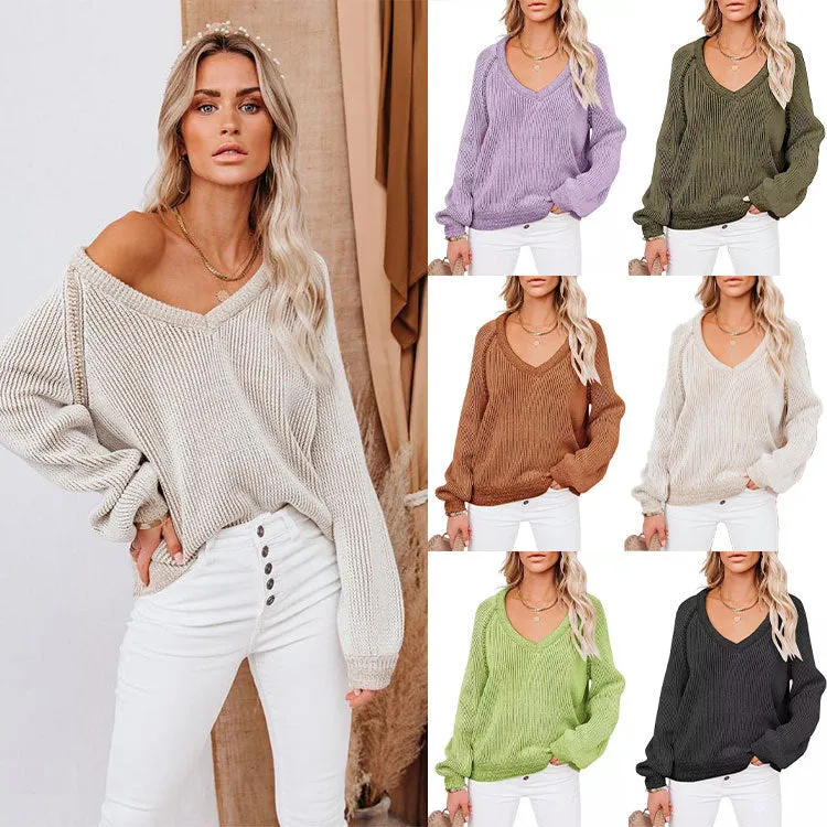 Cozy Horizon - Knitted V-Neck Women Pullover by The Nevermore
