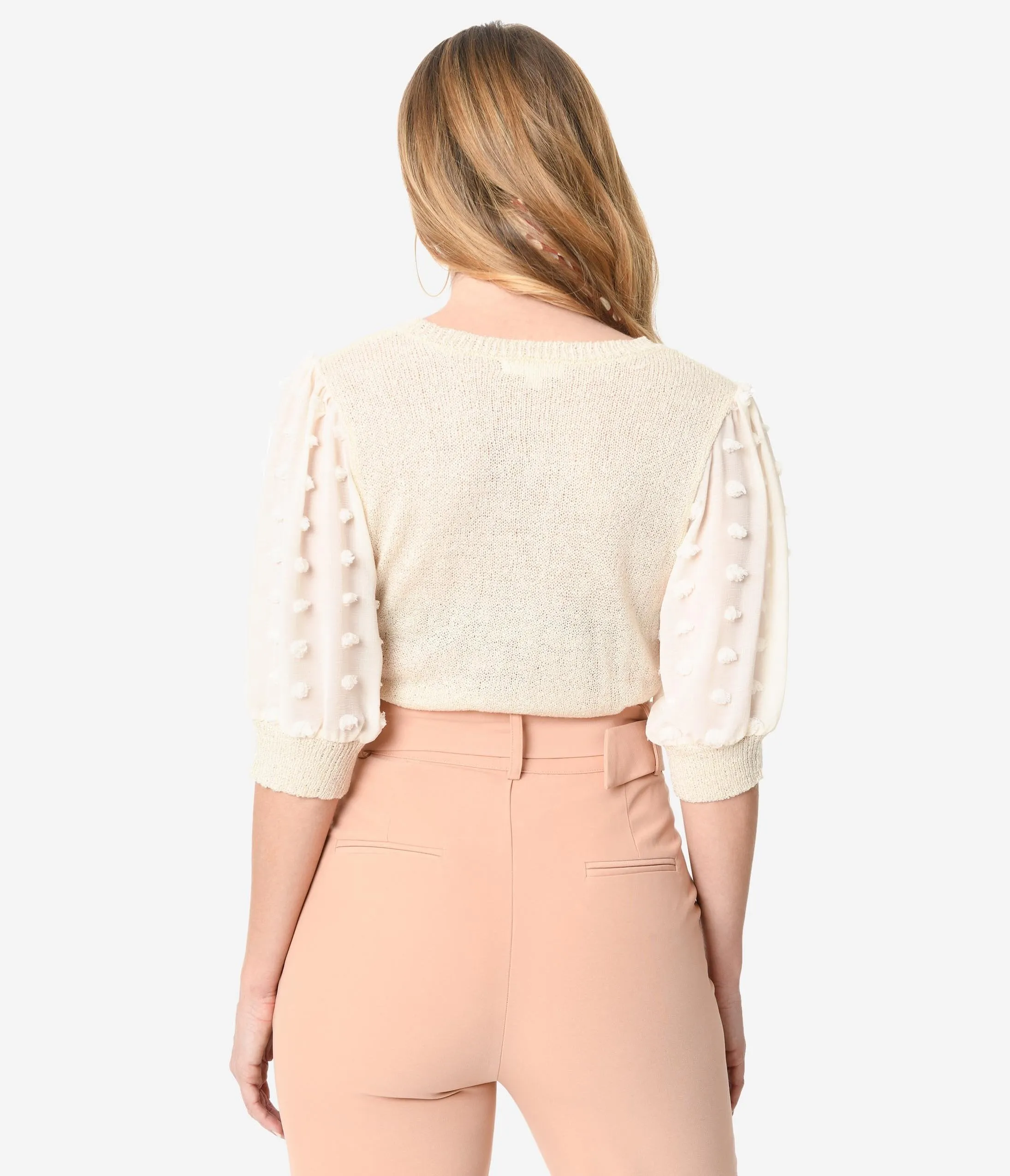 Cream Pom Pom Sleeve Knit Top