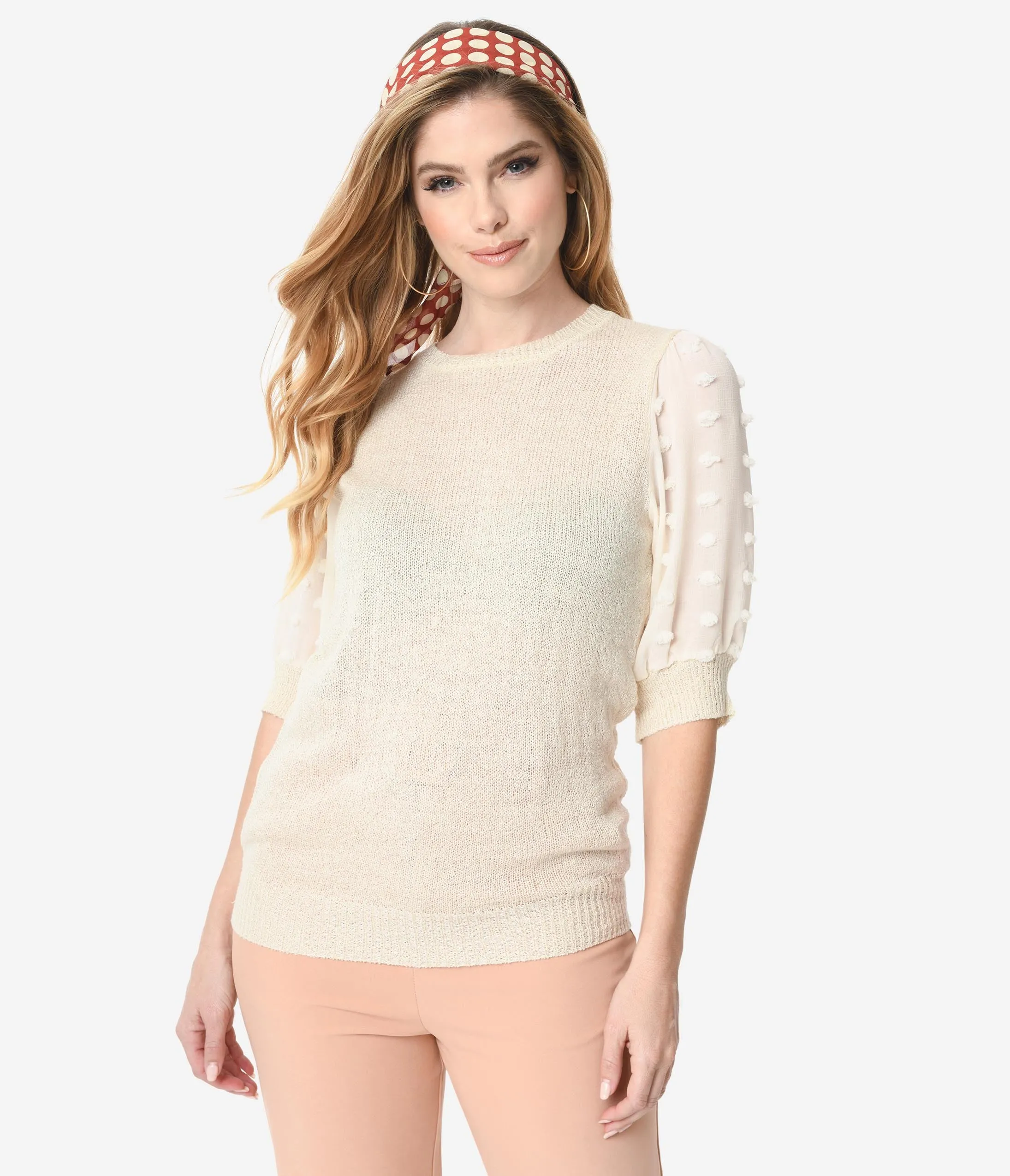 Cream Pom Pom Sleeve Knit Top