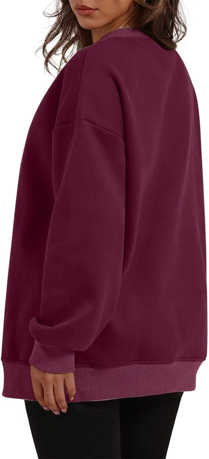 Crewneck Sweatshirts for Women Oversized Patchwork Casual Trendy Fall Tops Long Sleeve Pullover Sweaters with Pockets