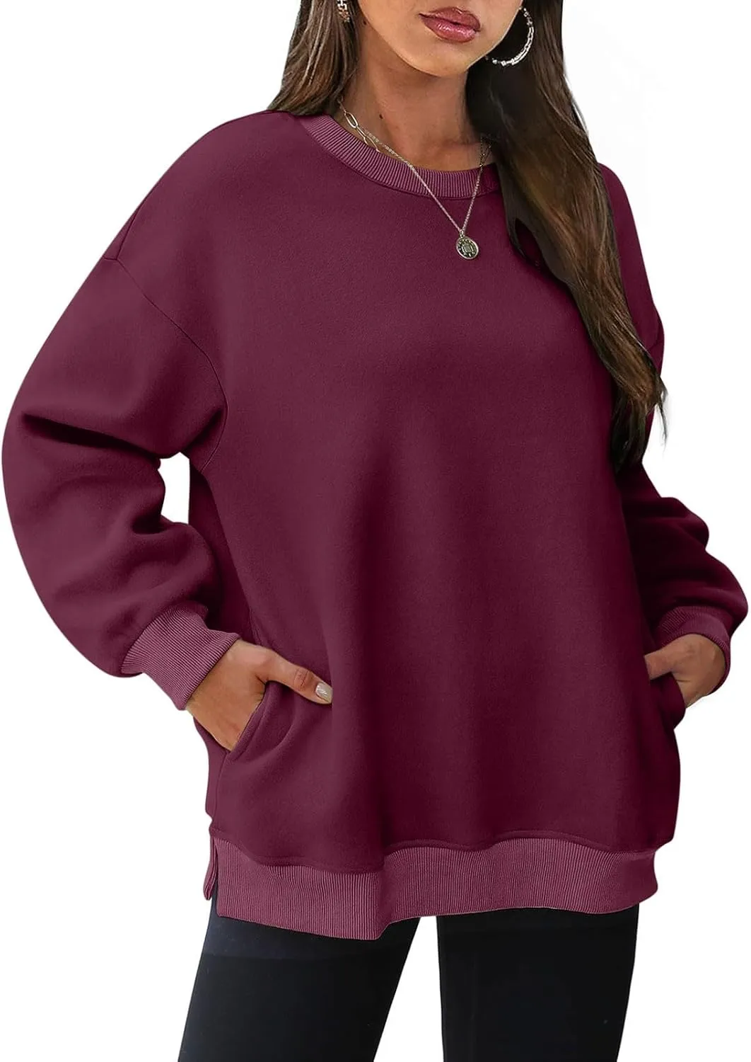 Crewneck Sweatshirts for Women Oversized Patchwork Casual Trendy Fall Tops Long Sleeve Pullover Sweaters with Pockets