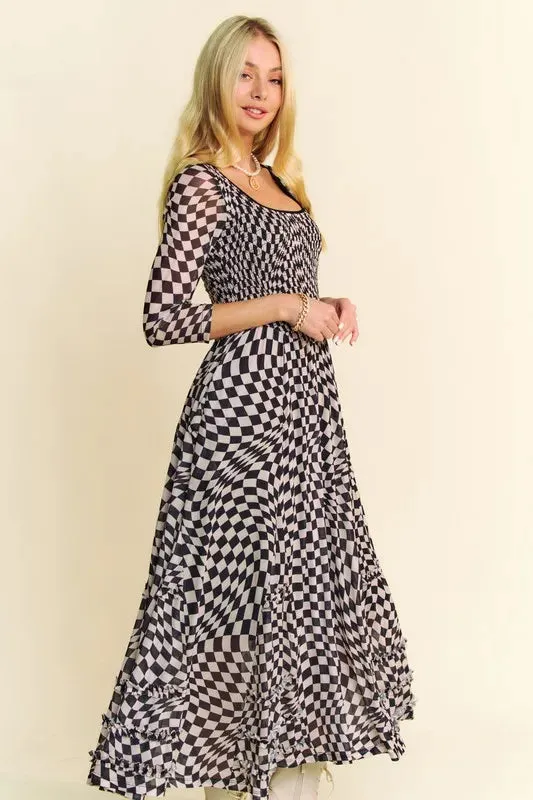 Davi & Dani Printed Checker Mesh Flowy Maxi Dress In Black