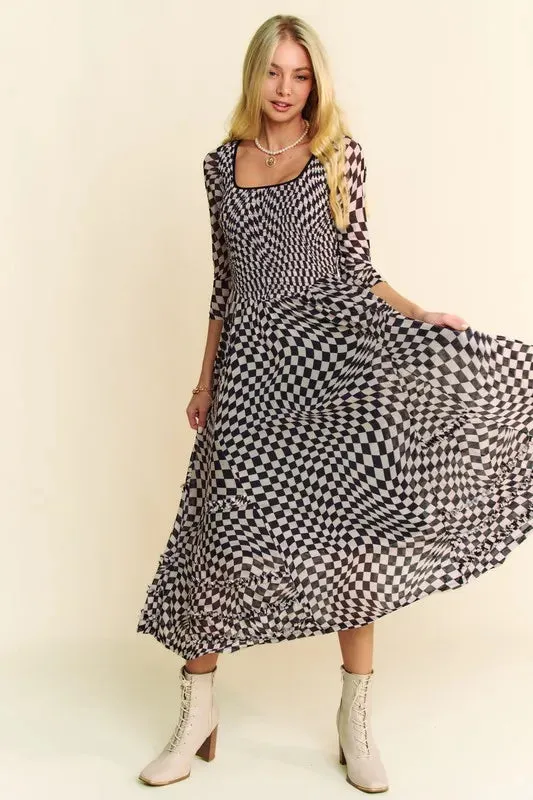 Davi & Dani Printed Checker Mesh Flowy Maxi Dress In Black