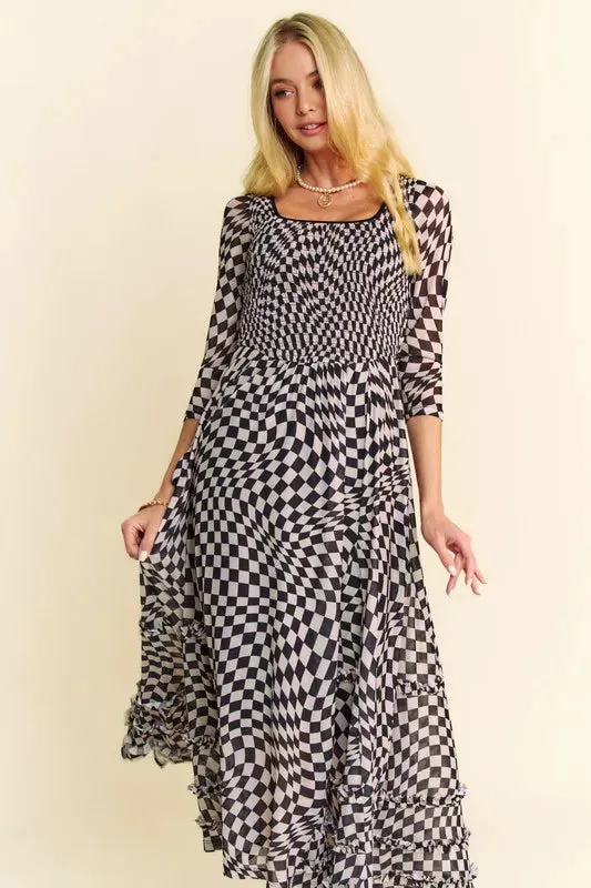 Davi & Dani Printed Checker Mesh Flowy Maxi Dress In Black