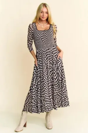 Davi & Dani Printed Checker Mesh Flowy Maxi Dress In Black