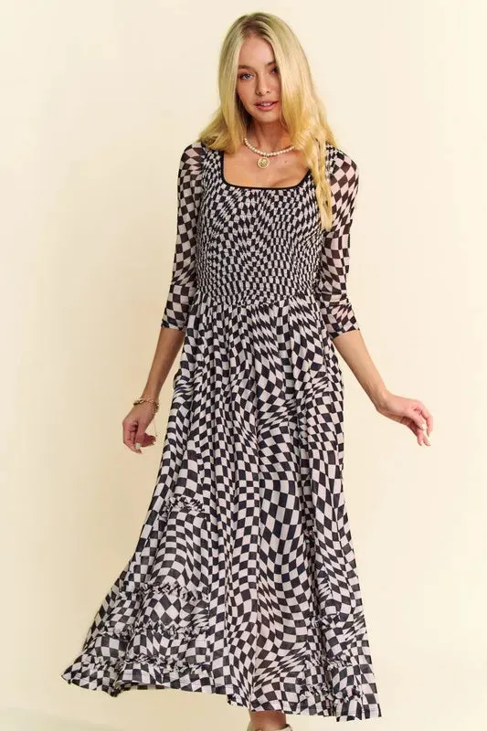 Davi & Dani Printed Checker Mesh Flowy Maxi Dress In Black